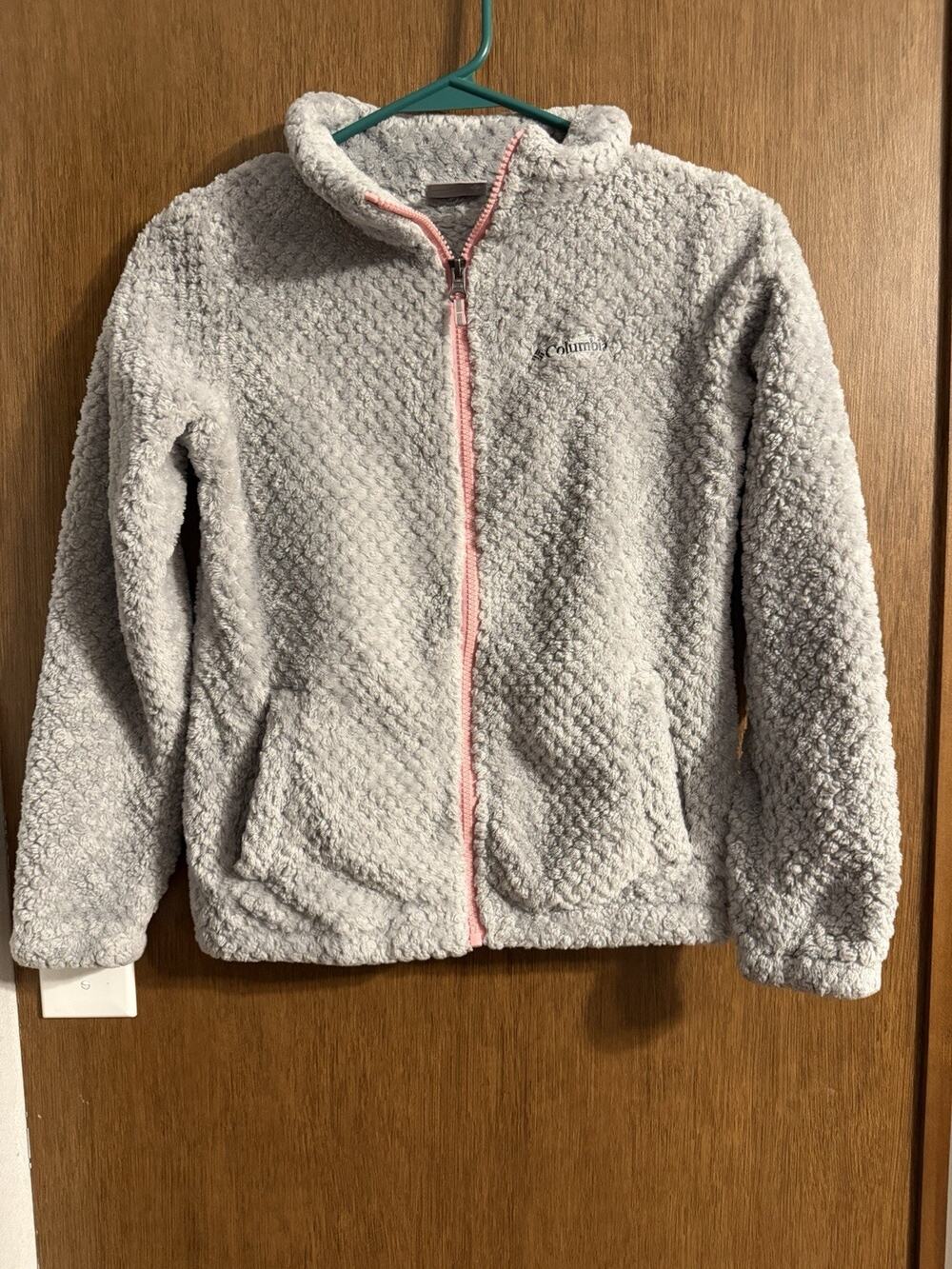 Columbia Girls' Fire Side Sherpa Full zip jacket soft gray pink zipper 10-12 Med